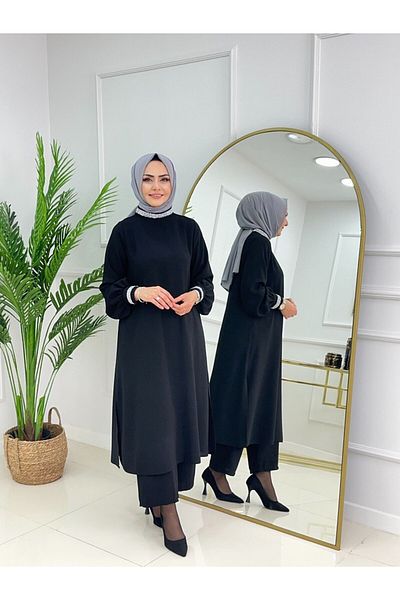 Enans Design Set de tunică și pantaloni cu guler hijab pentru femei