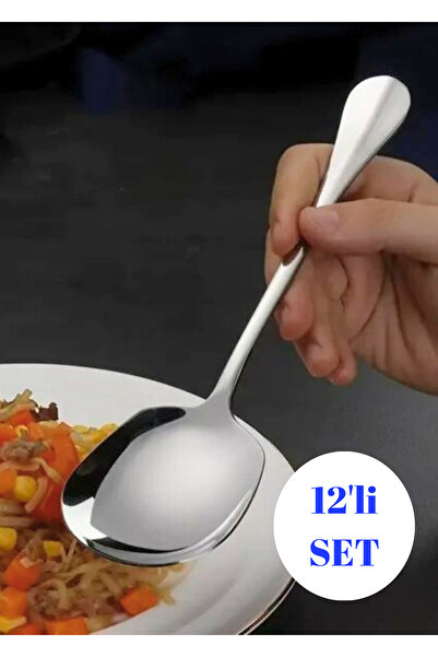 BRE HOME 12 adet gümüş paslanmaz çelik  servis kaşık sunum kaşığı 21 cm