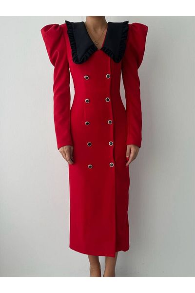 Julidress Rochie lungă premium cu nasturi aurii cu guler roșu pentru bebeluși