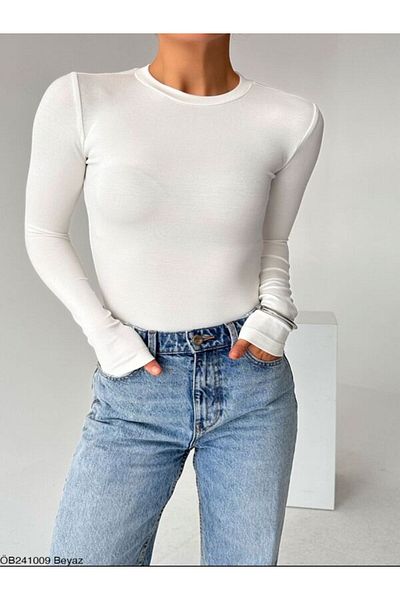 Qu Style Rib Long Sleeve Blouse