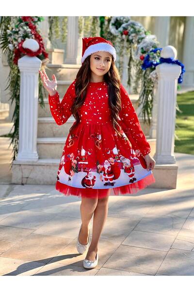 EFE KIDS Yılbaşı Baskılı Uzun Kollu Şapkalı Çocuk Abiyesi