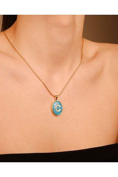 Lekka Design VIP Series Steel Women's C Letter Turquoise Stone Medallion Letter Necklace