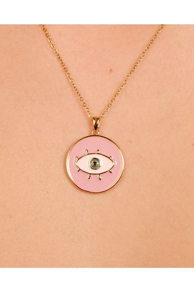 Lekka Design Pink Enameled Medallion Eye Non-Tarnish Steel Jewelry Women's Necklace