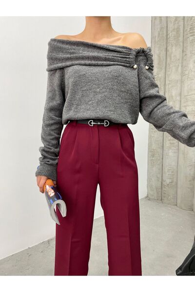 TİSHOOSTORE Kemerli Yüksek Bel Bordo Kumaş Palazzo Pantolon