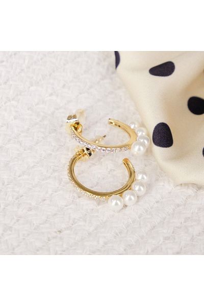 Lekka Design Women's Non-Tarnish Steel Luxury Zircon Stone Four Pearl Hoop Earrings Jewelry Accessory