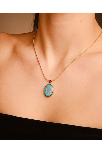 Lekka Design VIP Series Steel Women's M Letter Turquoise Stone Medallion Letter Necklace