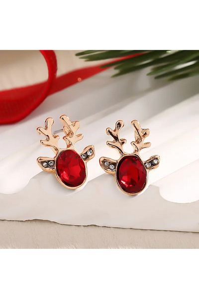 Takıtolia Deer Figured Red Stone Special Design Gift Earrings