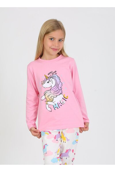 VİTMO BABY HAPPINESS UNICORN BASKILI BİSİKLET YAKA KIZ ÇOCUK PİJAMA TAKIMI