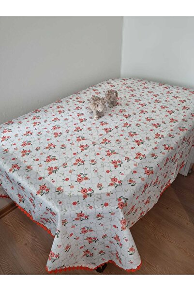 CLK Home 150x150cm El Örgüsü Çeyizlik Dantelli Dertsiz Turuncu Çicek Desenli Sofra Bezi / Masa Örtüsü