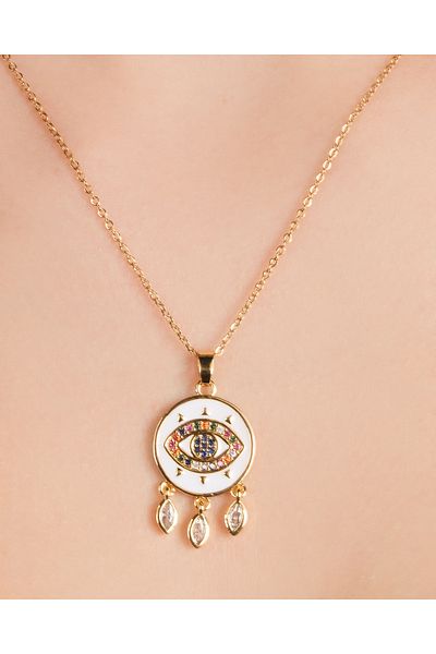 Lekka Design Women's Non-Tarnish Steel Jewelry White Enamel Eye Necklace with Swinging Drop Stones