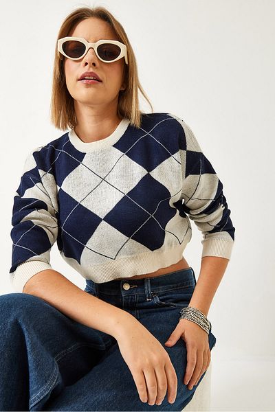 Bianco Lucci Quadratisch gemusterter Crop-Strickpullover für Damen 60351297