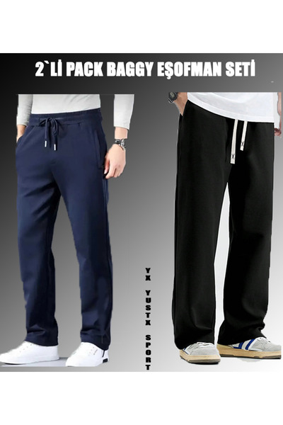 CAONNES Navy Blue and Black Men's High Waist Baggy Oversize 2 Thread Knitting...