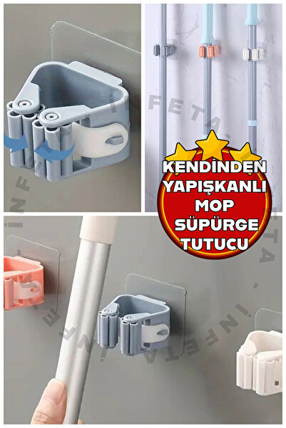 İnfeta 1 Adet Yapışkanlı Mop Fırça Sap Tutucu Banyo Mutfak Eşya Süpürge Mop T...