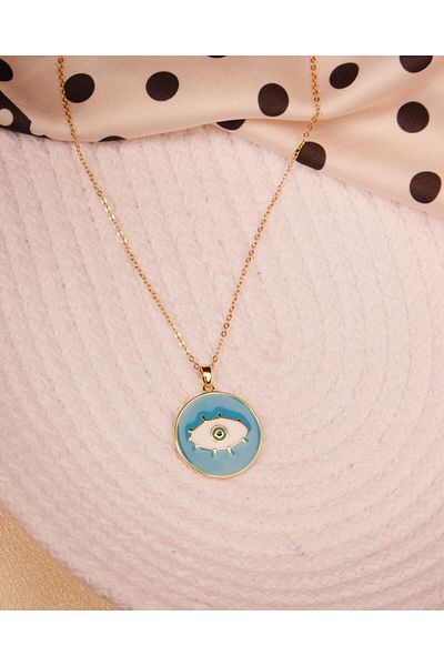 Lekka Design Turquoise Enameled Locket Eye Non-Tarnish Steel Jewelry Women's Necklace