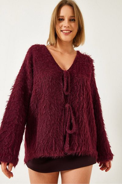Bianco Lucci Women's Furry Lace-Up Cardigan 241116 60261223