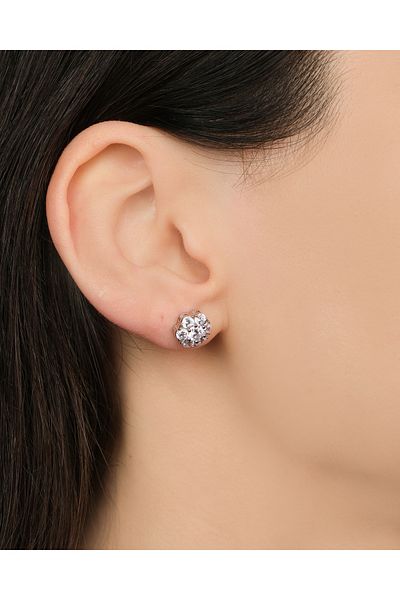 Lekka Design Steel Luxury Silver Colored Glittering Rhinestone Flower Earrings