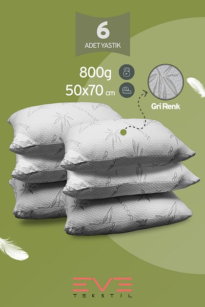 Eve Tekstil Bamboo Grey Series - 6 Antiallergic Silicone Fiber Pillows 50X70Cm with Zipper and Washable