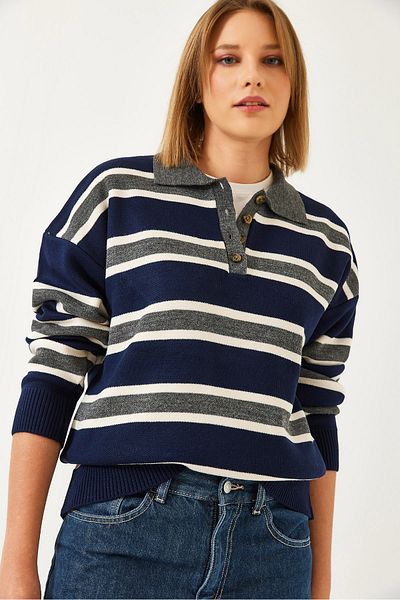 Bianco Lucci Women's Three Color Placket Polo Neck Knitwear Sweater 241234 60261229