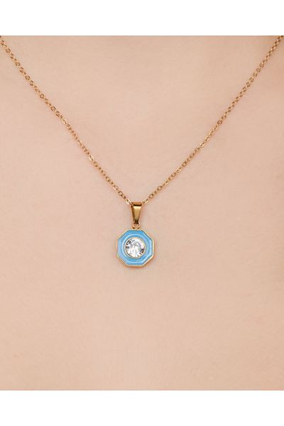 Lekka Design Women's Non-Tarnish Steel Jewelry Blue Enamel Necklace with Zircon Stone