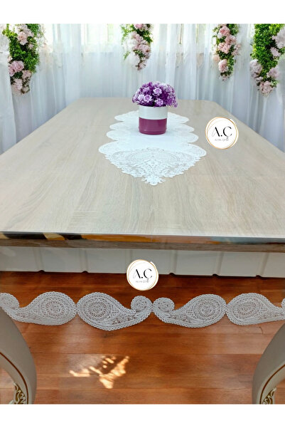 Altın Çeyiz Tekstil RUNNERLI ŞEFFAF SARDUNYA FRANSIZ GÜPÜRLÜ MASA ÖRTÜSÜ GÜNLÜK ÇEYİZLİK