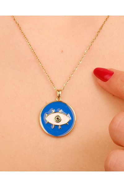 Lekka Design Navy Blue Enameled Locket Eye Anti-Tarnish Steel Women's Jewelry Necklace
