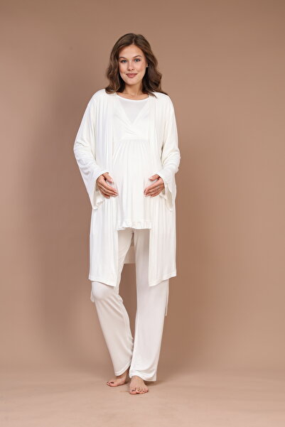 Rimel Homewear Pregnant Maternity Pajamas Set with Flywheel Sleeves and Double Breasted Women's Dressing Gowns