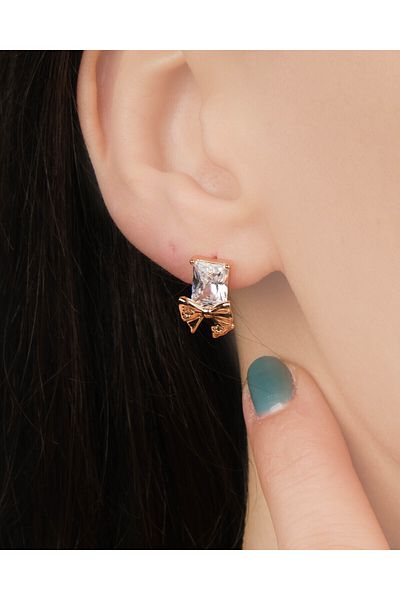 Lekka Design Women's Non-Tarnish Steel Luxury Square Zircon Stone Ribbon Earrings