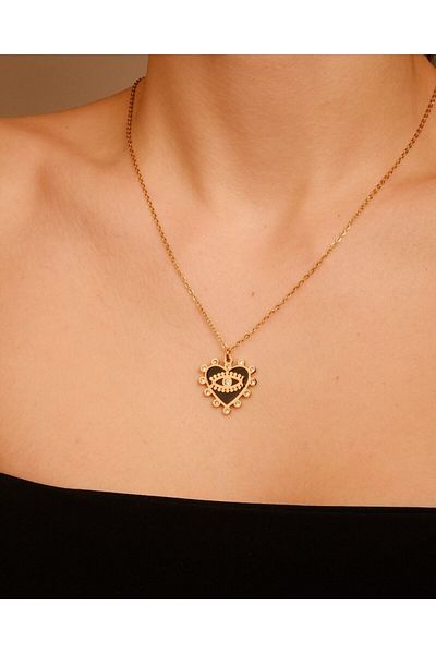Lekka Design Women's Non-Tarnish Steel Jewelry Black Enamel Eye Heart Necklace with Zircon Stone