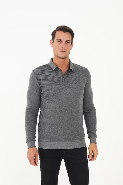 Maccali Men's Classic Button Basic Winter Long Gray Polo Neck T-Shirt