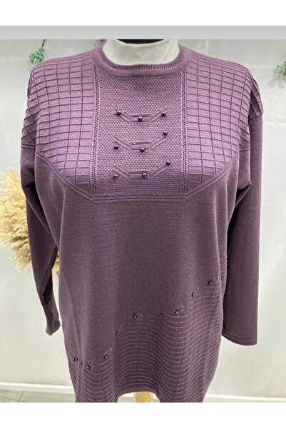 Genel Markalar Günlük Taş Detaylı Yuvarlak Yaka Tek Renk Kışlık Anne Kazak