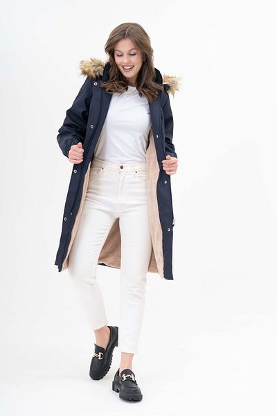 Butik Palton de damă, rezistent la apă, cu glugă, cu talie adunată, cu blană lungă
