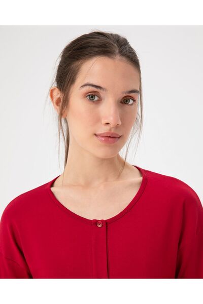 Ayma Active Kırmızı Kadın Uzun Kollu Düğmeli Volanlı Pijama Üstü