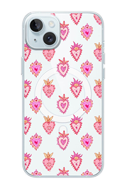 shoptocase iPhone 15PLUS/14PLUS Uyumlu Hot Hearts Desenli MagSafe Şeffaf Sili...