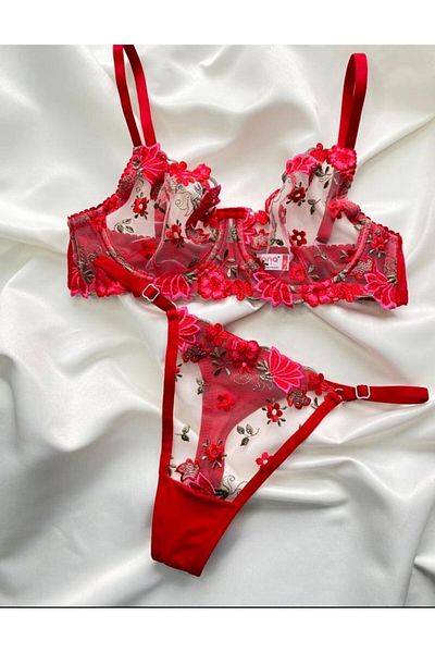 SİLVER MİRROR Red Magnolia Bra Panty Set