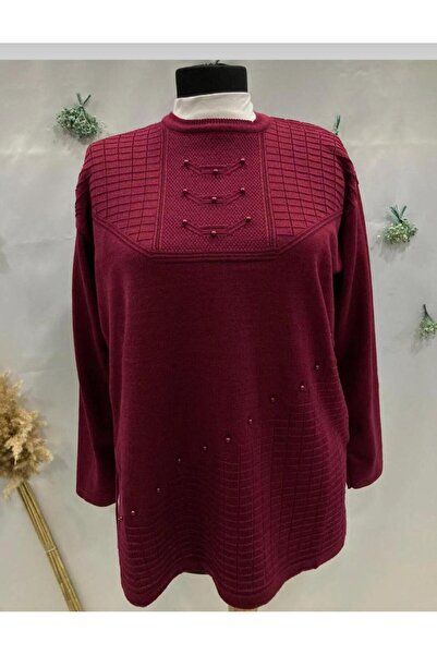 BLUEMOOR Casual Stone Detailed Round Neck Solid Color Winter Mother Sweater