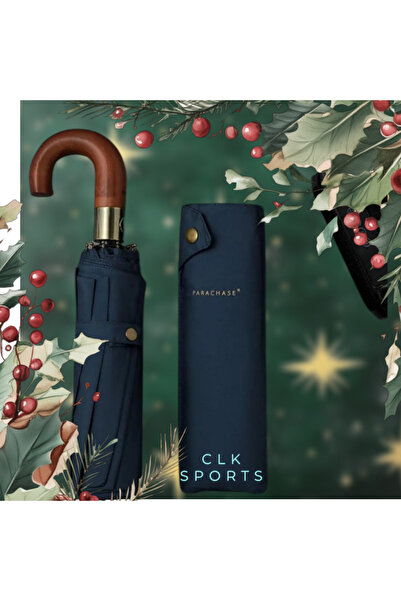 parachase Ahşap Baston Saplı Tam Otomatik Lacivert Şemsiye - Kılıflı