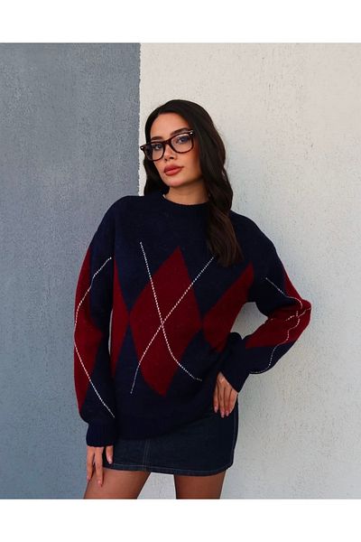 Askı Nişantaşı Πλεκτό πουλόβερ με σχέδιο Navy Blue Argyle Oversize