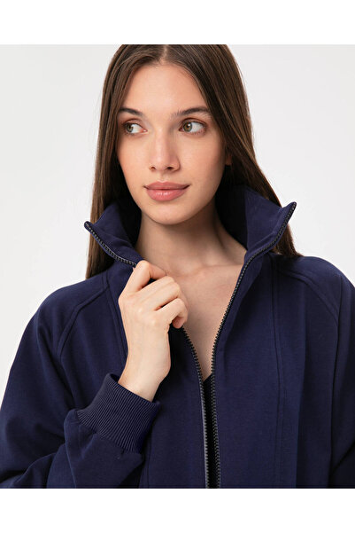 Ayma Active Navy Blue Stand Collar Half Zipper Oversize Sweatshirt