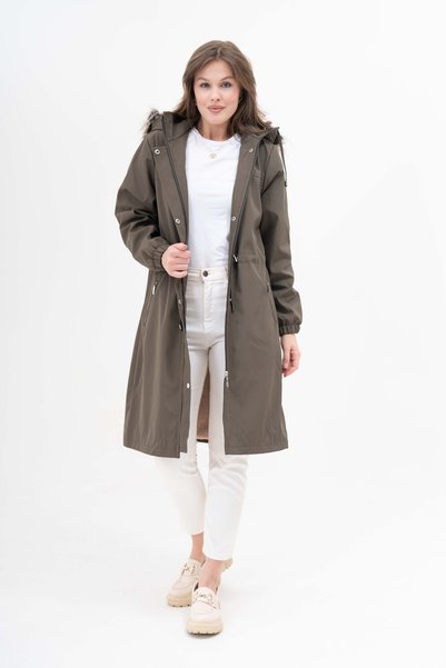 Butik Women's Water Resistant Plus Size Hooded Waist Drawstring Long Fur Coat Coat