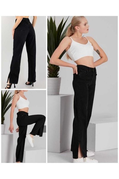 pass&pass 2035 Women's Lycra Side Slit Wide Leg Jeans Jeans Denim Trousers