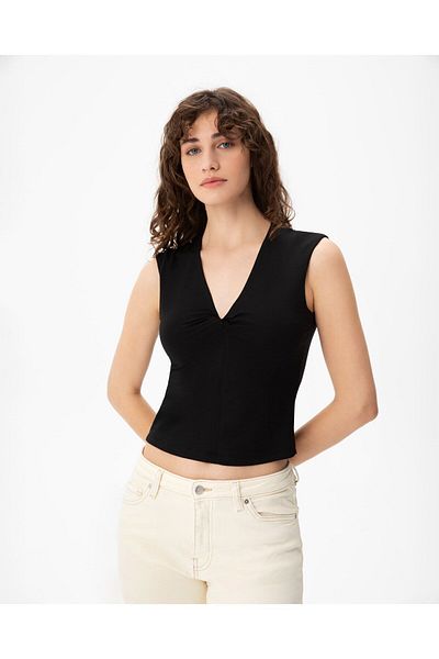 Ayma Active Εκκαβερό ™   Μαύρη Αμάνικη Twist Μπλούζα - Στριφτή μπροστά