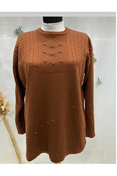 Genel Markalar Günlük Taş Detaylı Yuvarlak Yaka Tek Renk Kışlık Anne Kazak