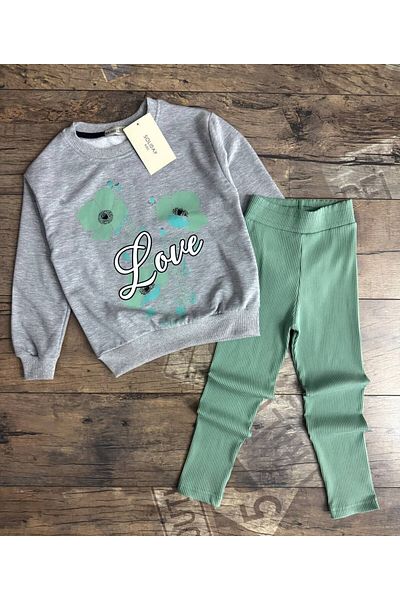 sinmm Σετ παιδική φόρμα με στάμπα Green Love Flower - Σετ με λεπτομέρεια με ραβδώσεις κάτω και επάνω MM2