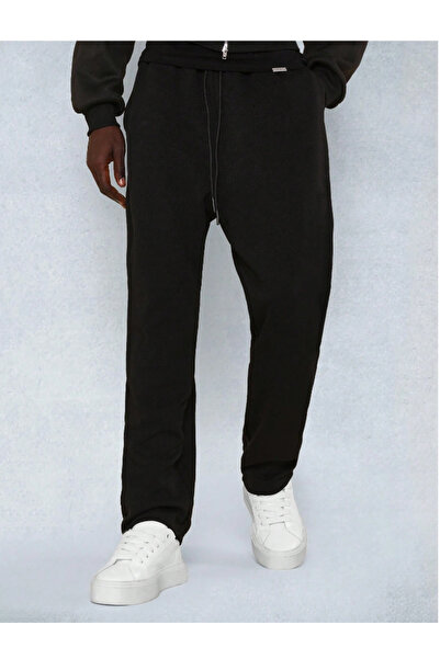 CAONNES Μαύρο φαρδύ, ελαστικό, άνετο υφασμάτινο παντελόνι φούτερ