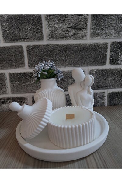 UDHOME Özel Tasarım Beyaz Renk Kokulu Mum, Biblo Ve Vazo Aksesuar Seti