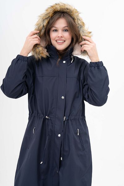 Butik Palton de damă, rezistent la apă, cu glugă, cu talie adunată, cu blană lungă