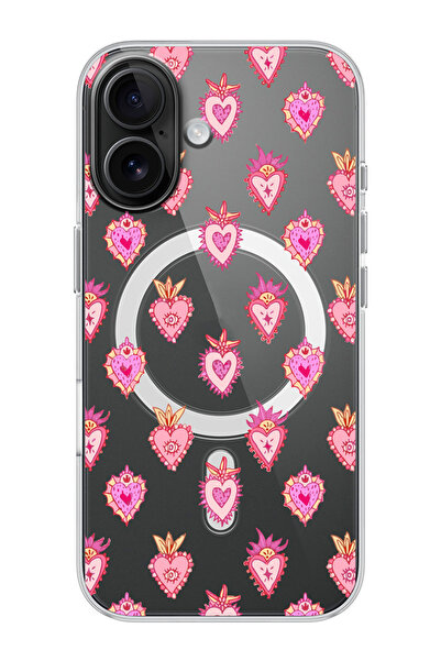 shoptocase iPhone 16 Uyumlu Hot Hearts Desenli MagSafe Şeffaf Silikon Telefon...
