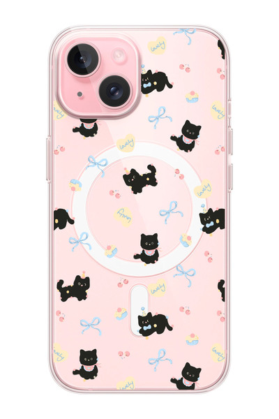 shoptocase iPhone 15/14/13 Uyumlu Lovely Cat Desenli MagSafe Şeffaf Silikon T...