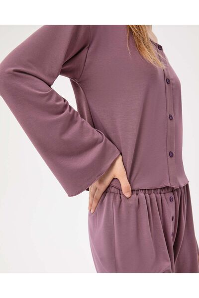 Ayma Active Lila Kadın Uzun Kollu Düğmeli Volanlı Pijama Üstü