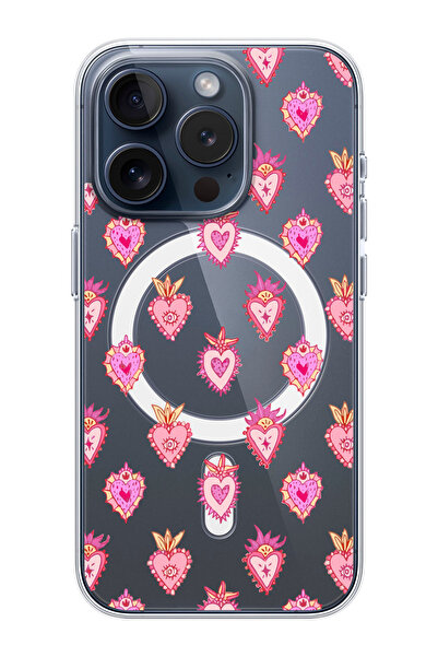 shoptocase iPhone 15 PRO Uyumlu Hot Hearts Desenli MagSafe Şeffaf Silikon Tel...